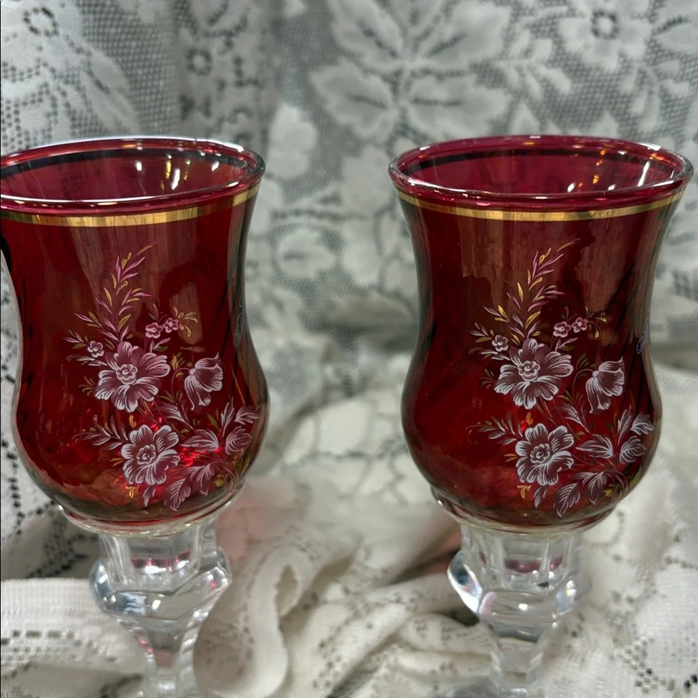 Vintage Ruby luminous crystal glass set with gold trim and floral accents